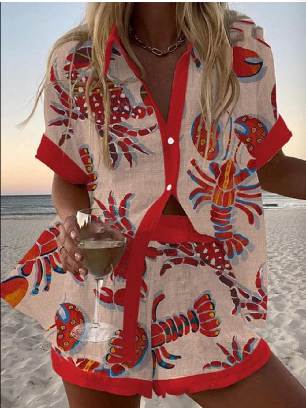 Linen Red Lobster-Print Short Sleeve Shirt -+ Shorts Set Women